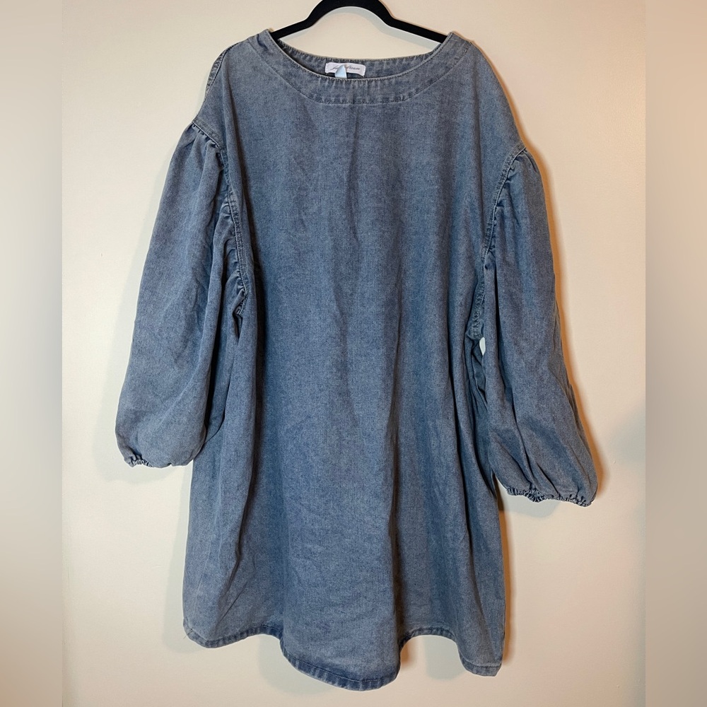 Fancy Dream Denim Dress Sz Large Blue Puff Sleeve Short Medium Wash Casual Dress